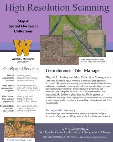 Picture of the front page of a flyer that describes, through text and map examples, the geospatial services provided by the W.E. Upjohn Center for the Study of Geographical Change.