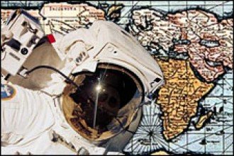 Photo of astronaut and 17th century world map.