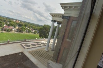 The outside of WMU's Heritage Hall portico.
