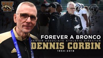 Collage of photos of Dennis Corbin. Text overlay reads: Forever a Bronco, Dennis Corbin, senior athletic director, 1954-2018. WMU athletics logo.