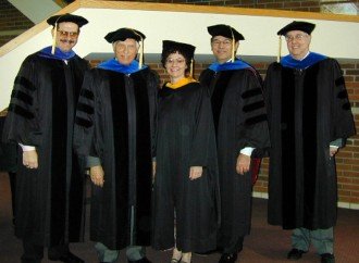2002 Phi Beta Kappa officers Paul Pancella, John Petro, Maria Perez-Stable, Joe Reish, and Art McGurn.