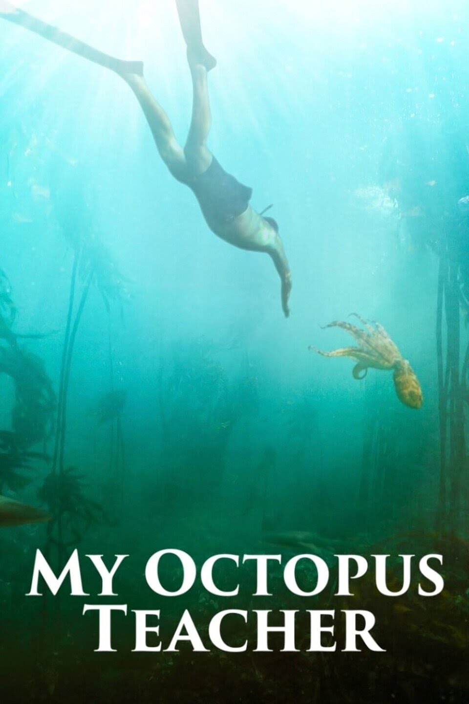 Movie poster for My Octopus Teacher featuring a man diving with an octopus.