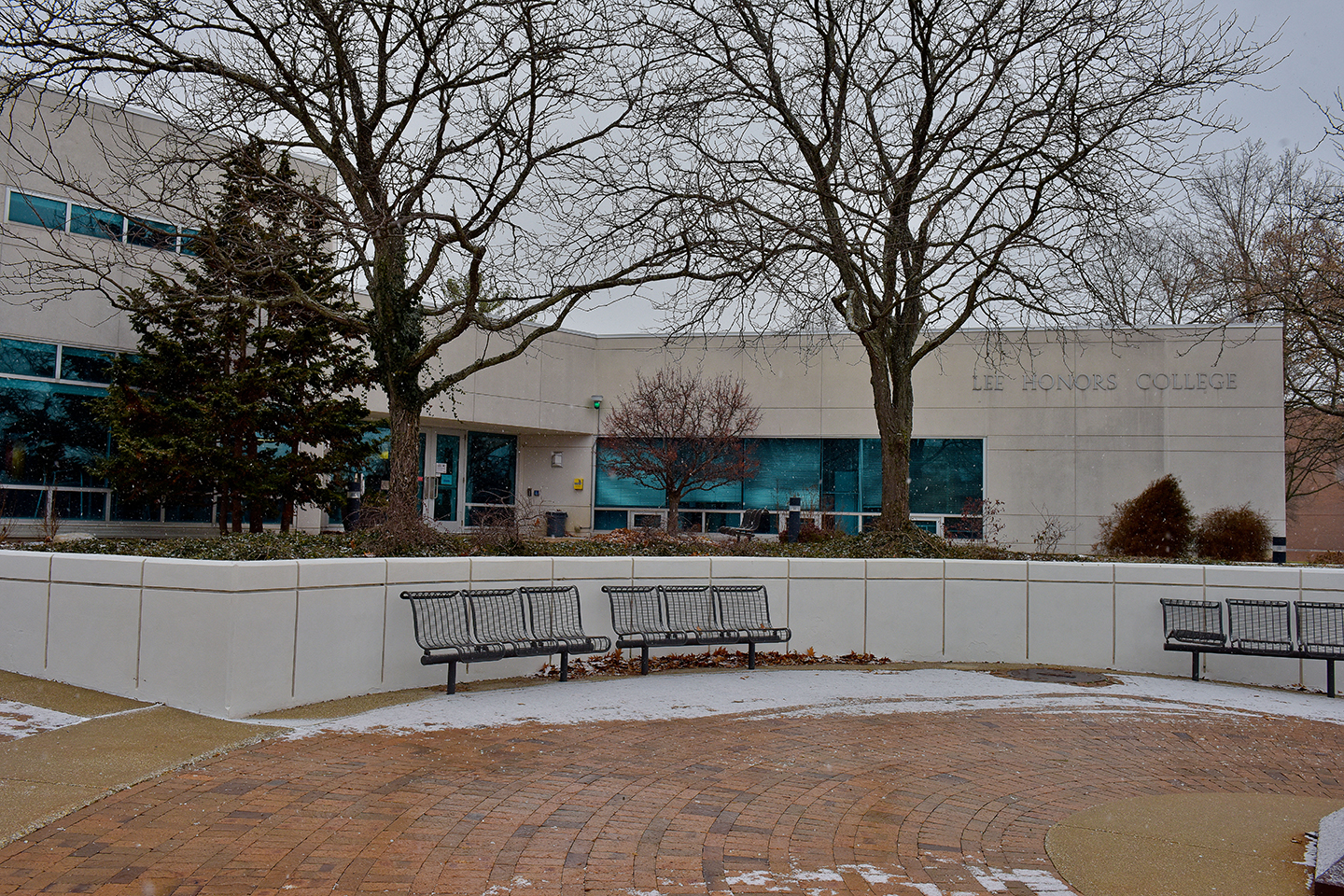 Exterior photo of the Lee Honors College taken in winter.