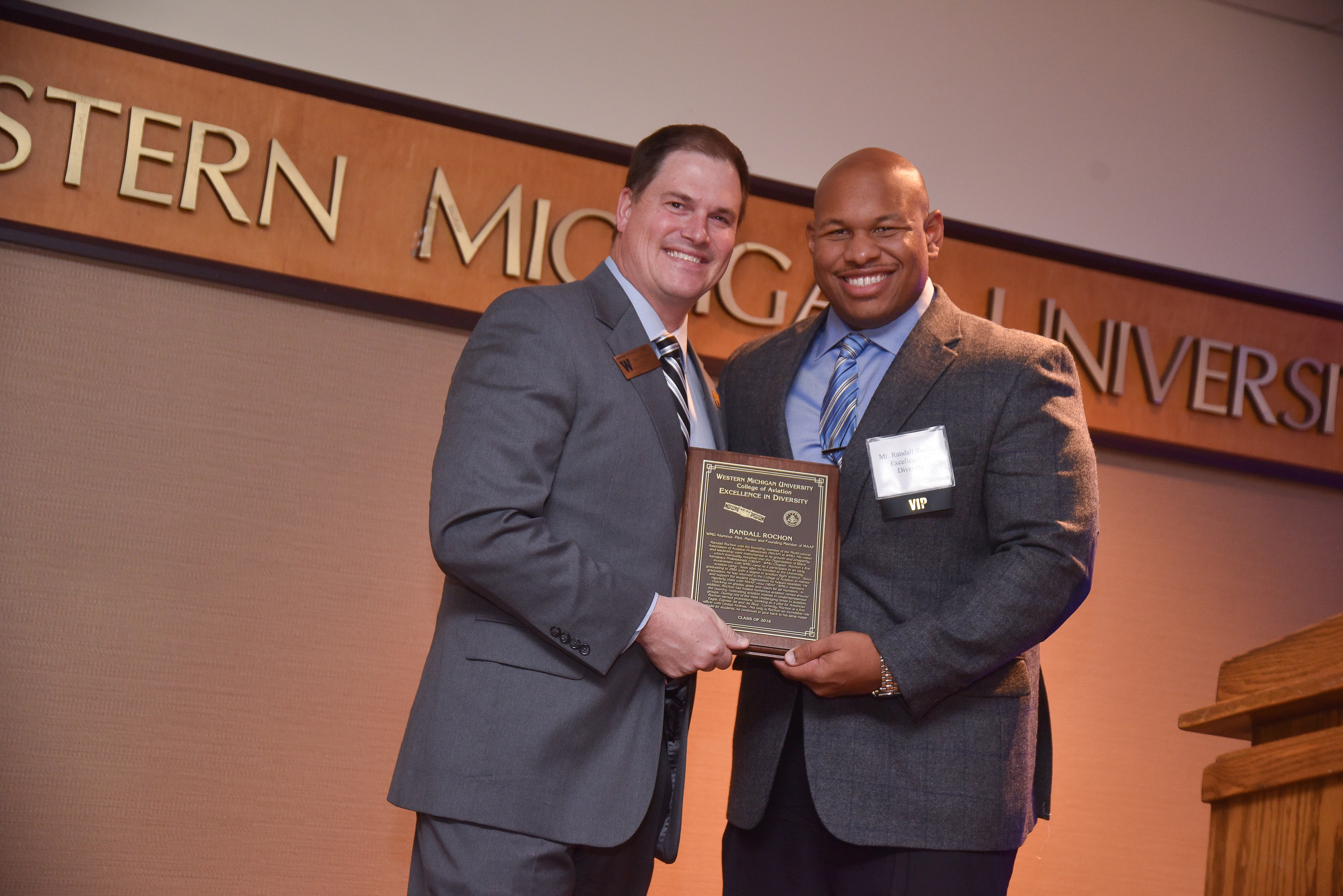 Randall Rochon Being presented the WMU College of Aviation Excellence in Diversity Award