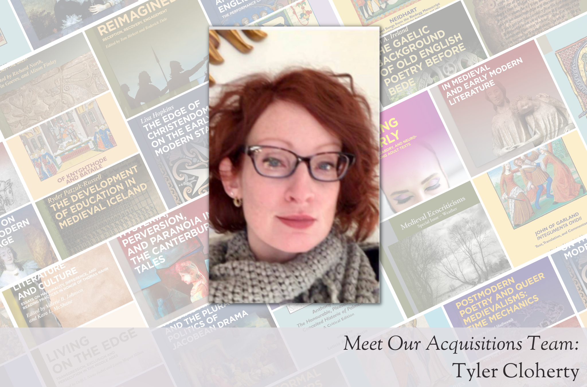 A picture of Tyler Cloherty, a woman with red hair and glasses, in front of a background of a collage of MIP book covers