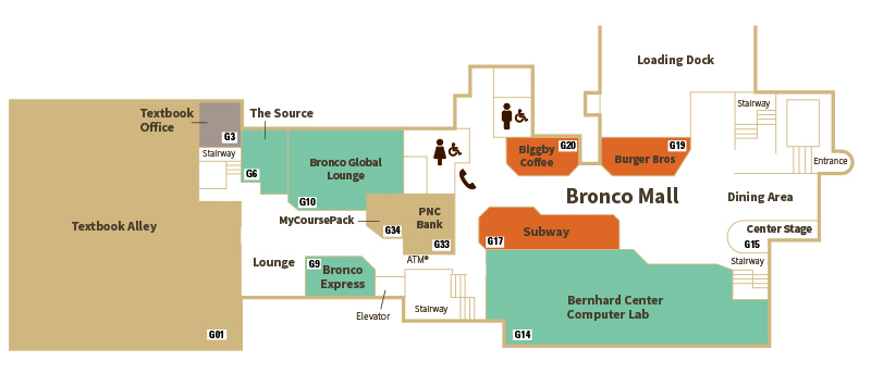 Map of lower level that depicts the location of the businesses listed below.