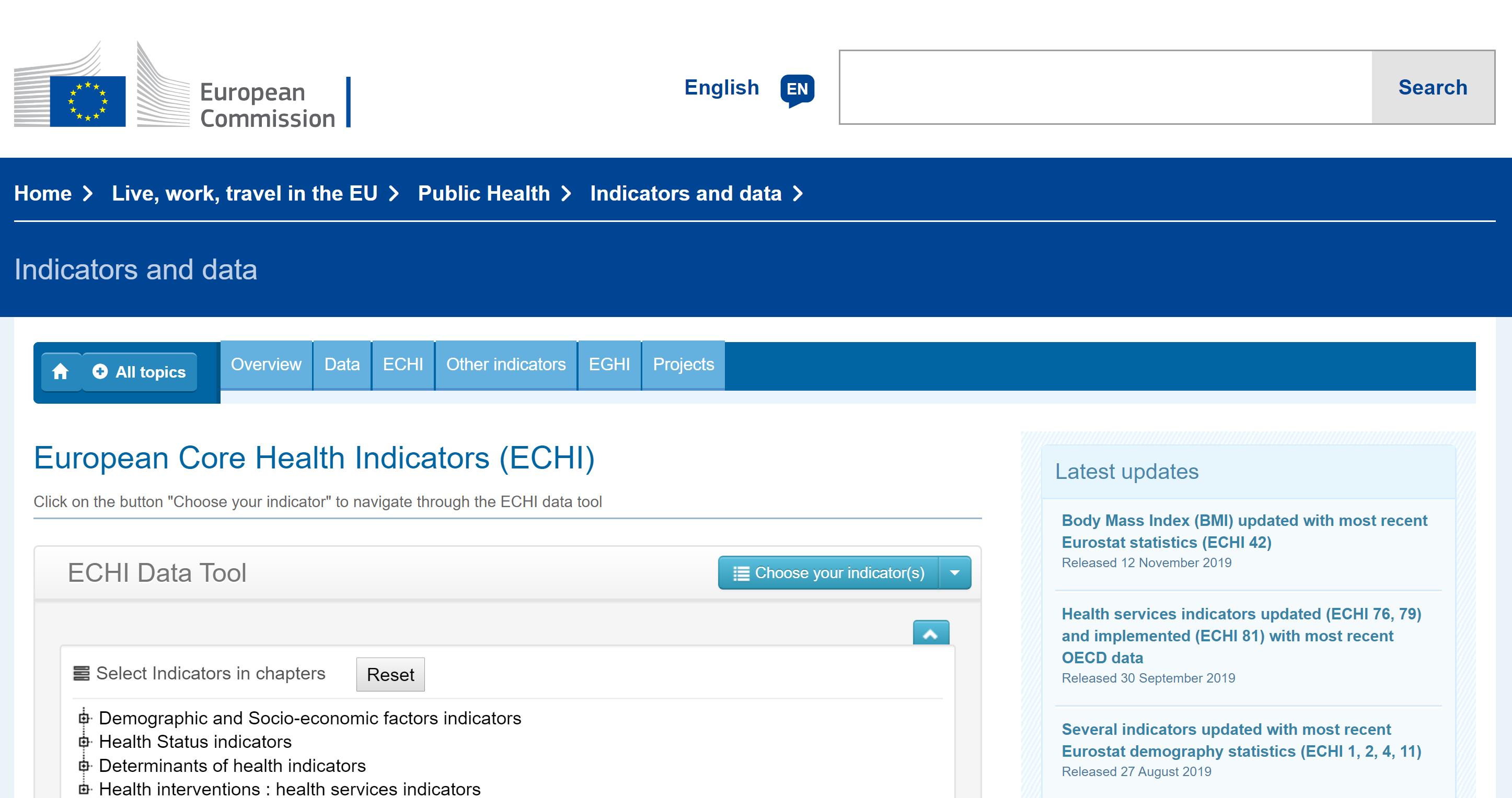 Screenshot of the European Core Health Indicators main page. On the left, there is the ECHI Data Tool, below which the indicators are classified into four chapters.