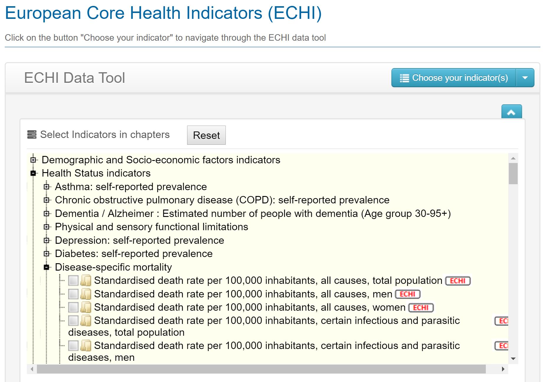 Screenshot similar to the image above. The second chapter of the four, Health Status indicators, has a mark you can click on to get its sub-categories, in which the seventh is Disease-specific mortality.