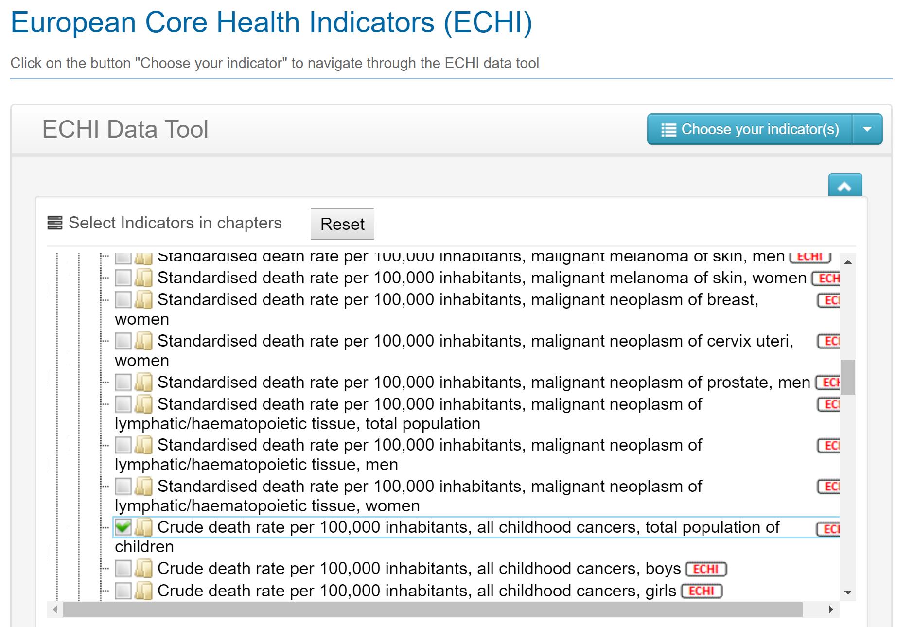 Screenshot similar to the image above. Now in the sub-category Disease-specific mortality, there are many indicators when you click on the mark before it. Scroll down until you find the indicator, Crude death rate per 100,000 inhabitants, all childhood cancers, total population of children.