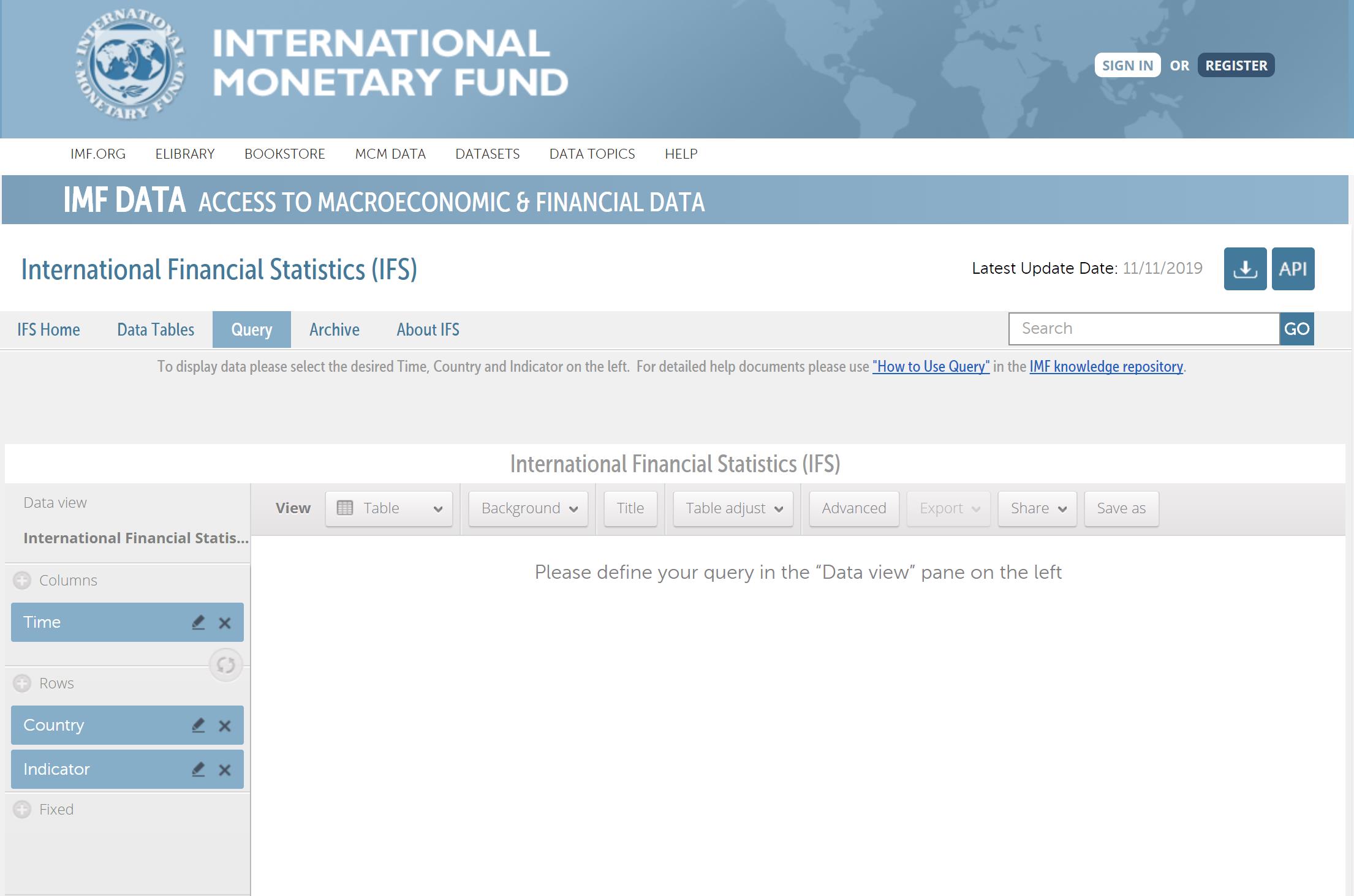 Screenshot of the International Financial Statistics main page. On the left, there are three filters, Time, Country, and Indicator, from top to bottom. The right part is empty and is for displaying outcome once the filters are selected.