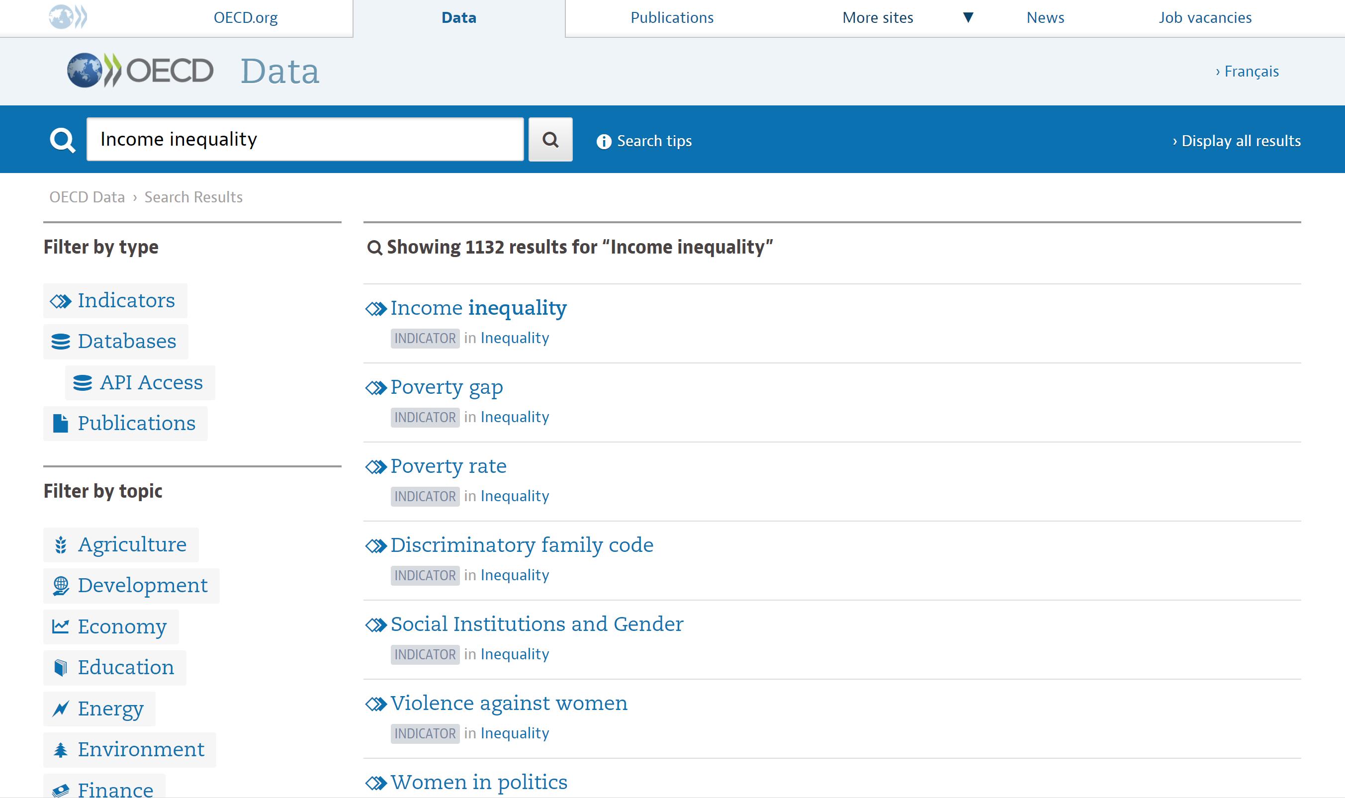 Screenshot of the filtering result page. After Income inequality is typed in the search box, the corresponding results show up below on the right. On its left, there are also two types of filters available to choose.