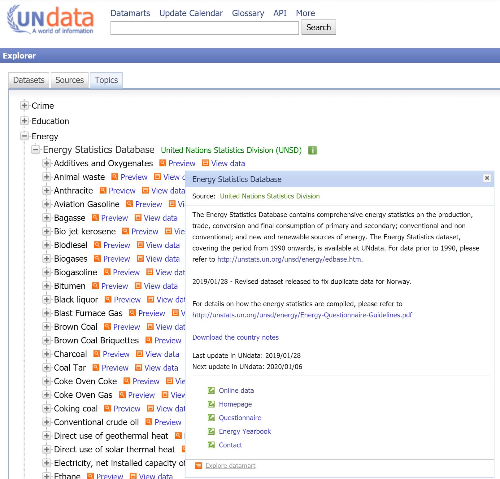 Screenshot similar to the image above except that now Topics is shown instead of Datasets. A list of topics is shown in this section, and Energy is the third one. Energy Statistics Database is the only dataset under topic Energy and many indicators are available in this database. 