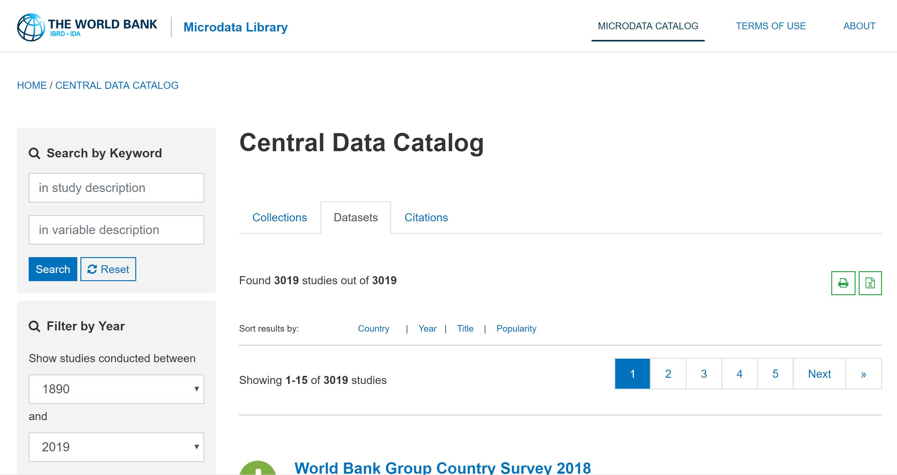 Screenshot of the Central Data Catalog page. On the left, there are two Search by Keyword options which allow you to search by study description or by variable description, respectively. Below them, there is also a Filter by Year option. The seventh searching result on the right shows the Comprehensive Baseline Study on Digital Remittances 2016.
