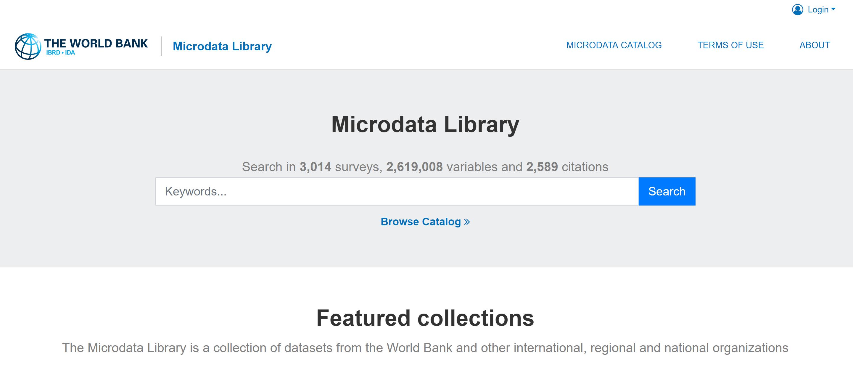 Screenshot of the World Bank Microdata Library main page. There is a search bar in the center and below it there is a Browse Catalog button.
