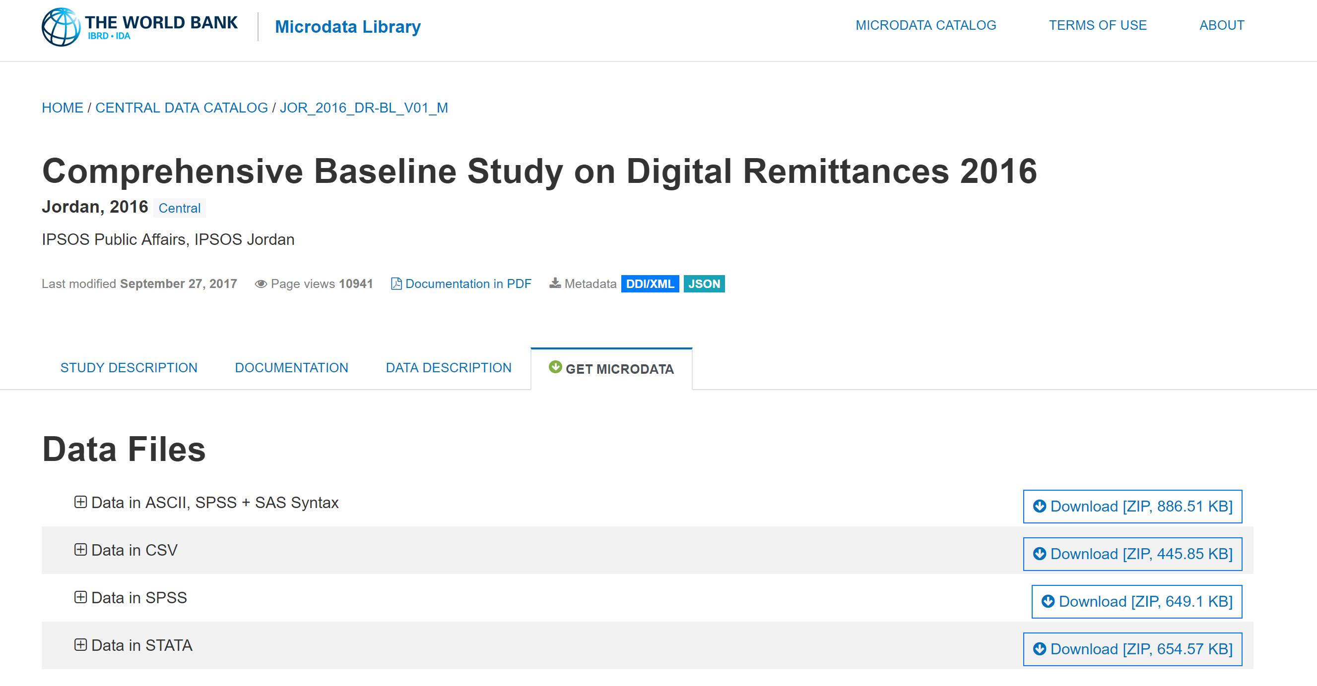 Screenshot of the Comprehensive Baseline Study on Digital Remittances 2016 page. The download section, Get Microdata, allows you to download Data Files in different forms. The second one from top, Data in CSV, is what you are looking for.