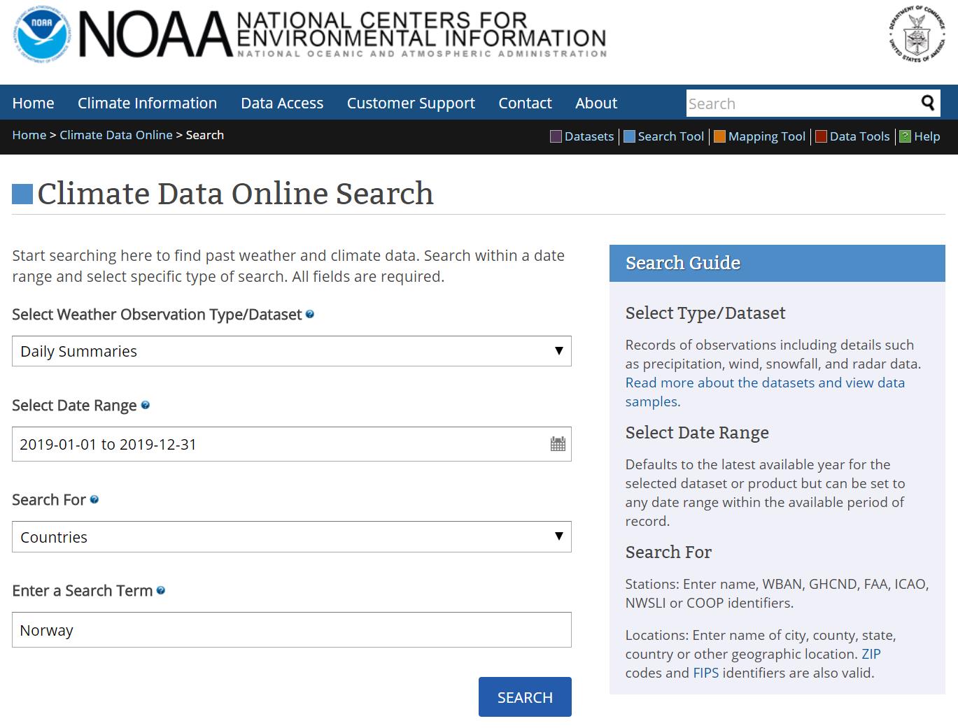 Screenshot of the Climate Data Online Search page. On the left, there are four filters, from top to bottom, are Select Weather Observation Type/Dataset, Select Date Range, Search For, and Enter a Search Term. On the right, there are brief instructions for each filter.