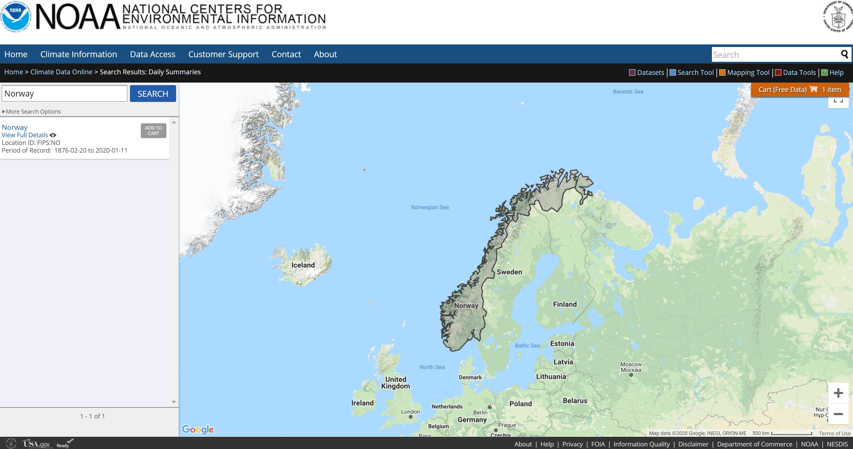 Screenshot of the filtering result page. In the top-left corner, the result of Norway with an ADD TO CART button shows up. A map with Norway shaded appears in the center of the screen. In the upper-right corner of the map, there is the Cart (Free Data).