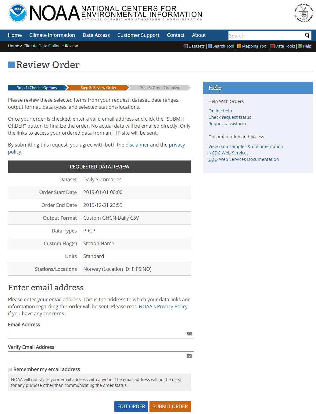 Screenshot of the Review Order page. On the left side, there is a table containing the information for your data and two boxes asking you to enter your email address below it. 