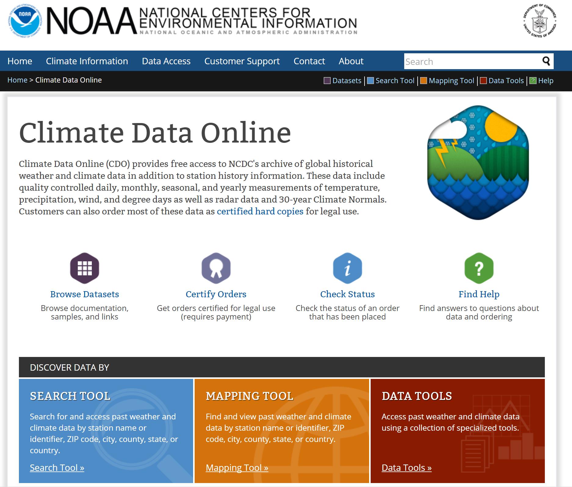 Screenshot of the Climate Data Online main page. In the lower-left of the screen, there is a section, DISCOVER DATA BY SEARCH TOOL. On its right, there are two other sections, DISCOVER DATA BY MAPPING TOOL and DISCOVER DATA BY DATA TOOL.