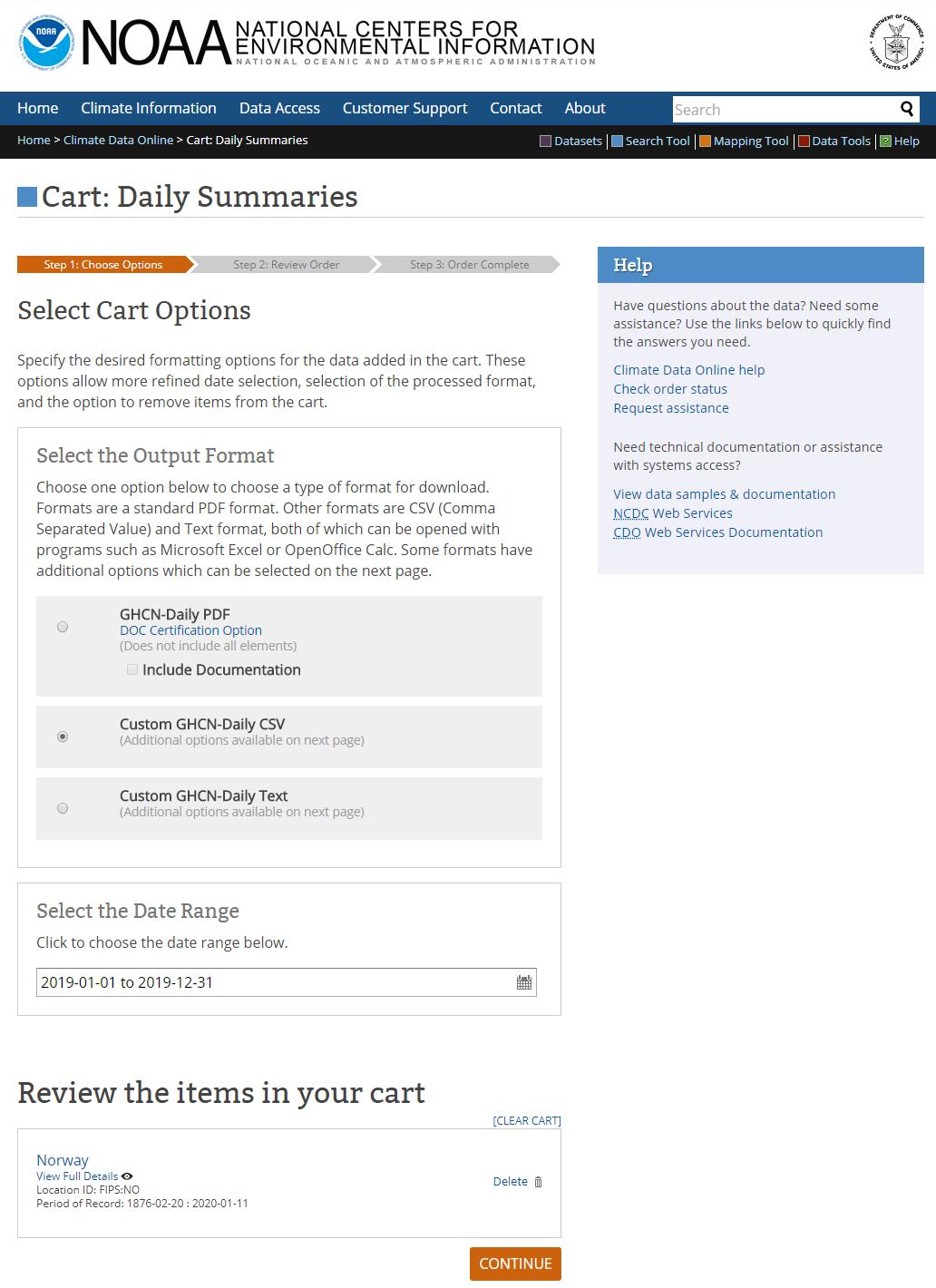 Screenshot of the Cart: Daily Summary page. On the left side, there is one Select Cart Option section, and there are two options available to choose, Select the Output Format and Select the Date Range. Below this, there is the section: Review the items in your cart.