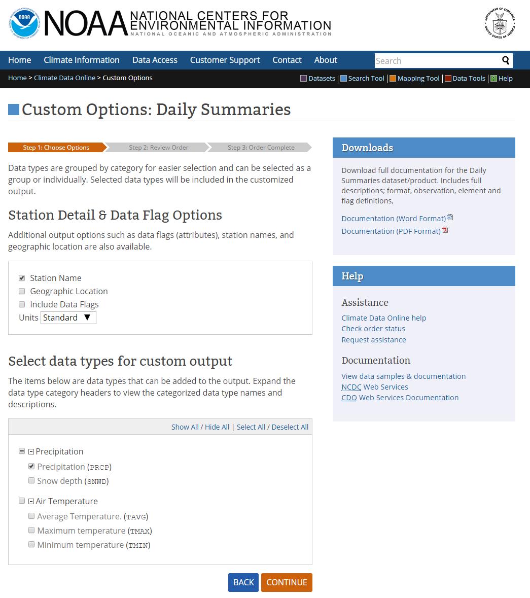 Screenshot of the Custom Options: Daily Summary page. On the left side, there is one Station Detail &amp; Data Flag Options section with three options and there is another section below it, Select data types for custom output with 2 associated options, each has various drop-down choices.