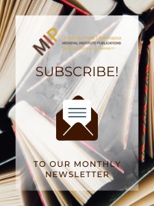 On a partially transparent white background is the MIP logo, over the word "Subscribe!" Below that is the image of a lined piece of paper coming out of a brown envelope. Underneath are the words "To our monthly newsletter." In the background are several books placed at odd angles, slightly open, photographed from above. 