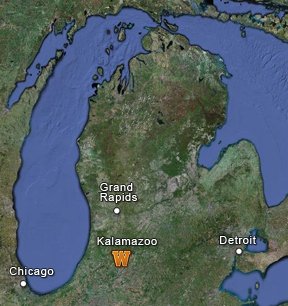 Map of Michigan showing the location of Kalamazoo.