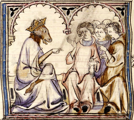 An image of Fauvel as king in a medieval manuscript of Le Roman de Fauvel.