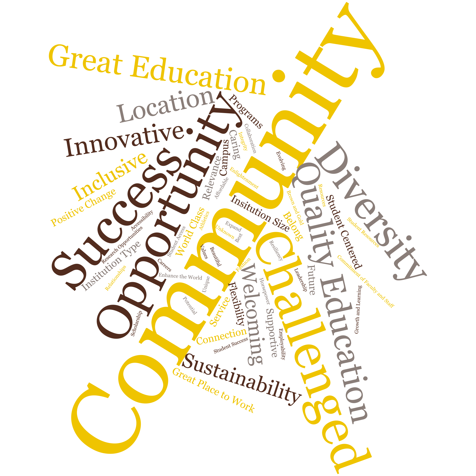 A visual of a cluster of words for the question "Why WMU" defined categories include community, education, quality, opportunity, success, challenged, diversity, great
