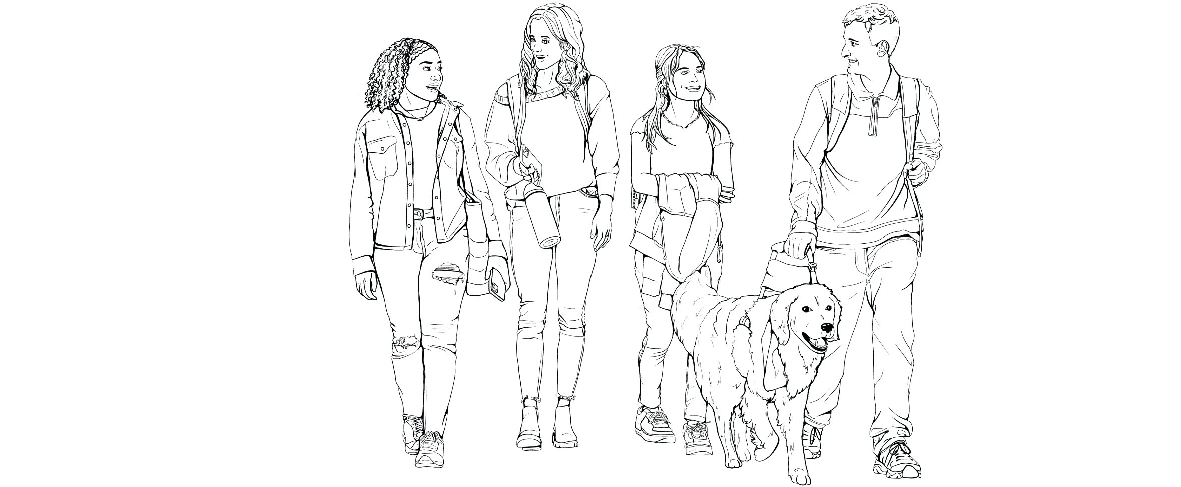 An illustration with four students and a service dog