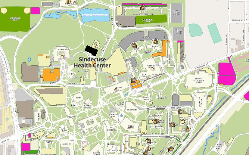 detailed graphic map of Sindecuse Health Center's place on WMU's campus. The health center is highlighted at it's location on Central Campus Drive.