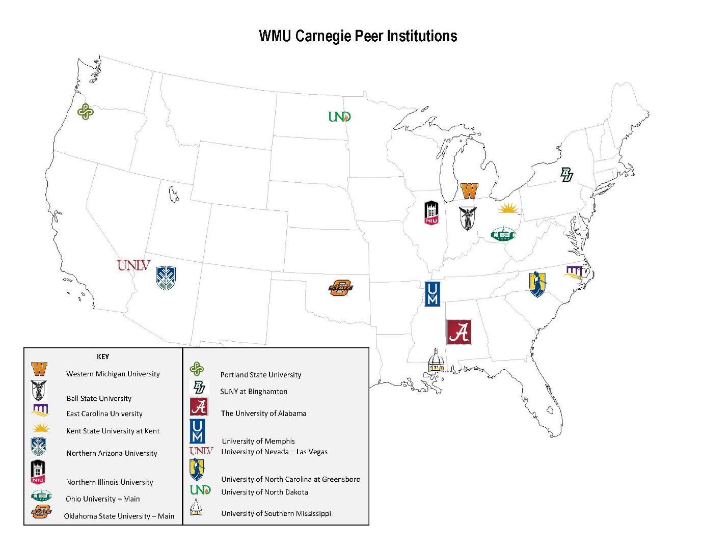 Map showing the main campus locations of WMU's Carnegie peer institutions