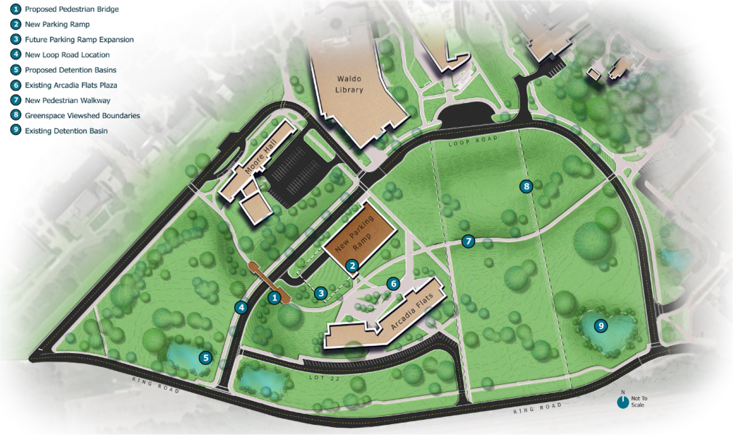 An aerial map of campus.