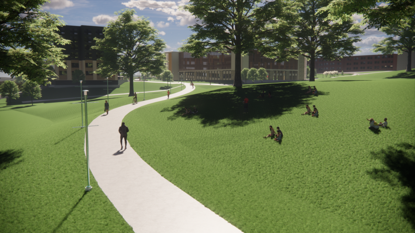 A rendering showing green space and a walkway.