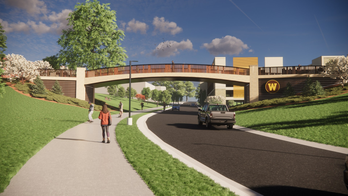 A rendering showing a road with a car driving under a bridge and people walking on a path.