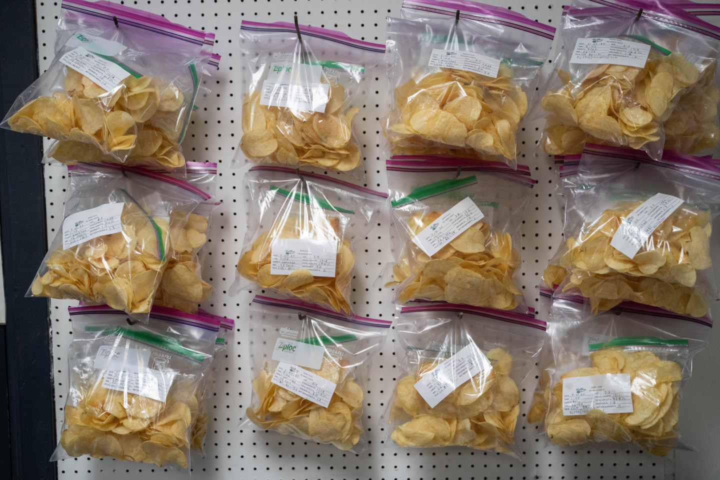 Bags of chips hang on a wall.