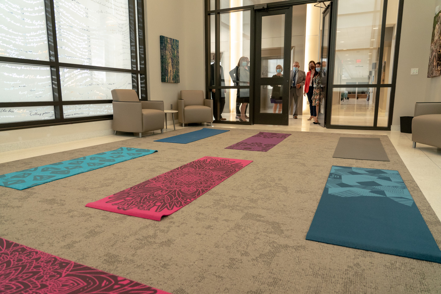 Yoga mats spread out in a room at the Ascension Borgess Cancer Center.