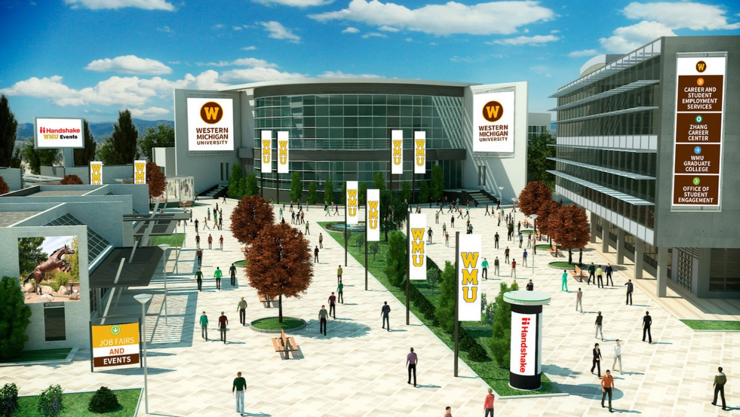 A computer-generated image of WMU's campus used during virtual Bronco Bash.