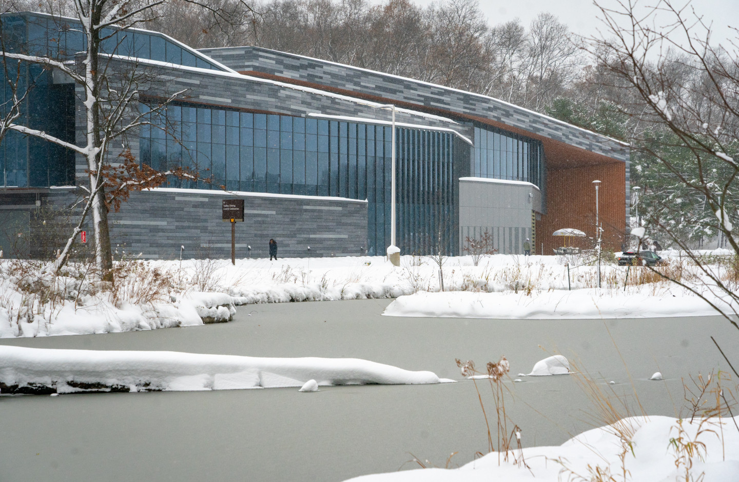 The Valley Dining Center and Goldsworth Valley Pond covered in snow and ice.