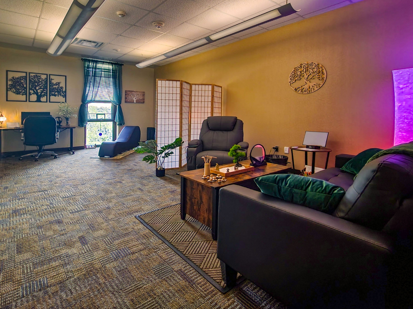View of the Mind Spa includes biofeedback station, yoga station, and two relaxation stations.