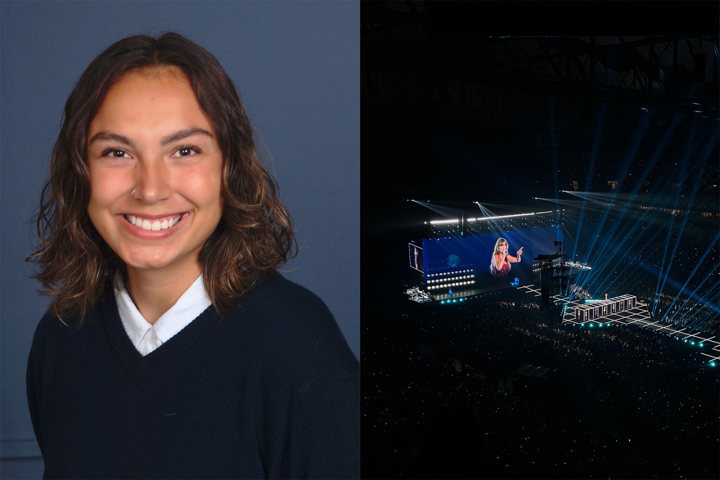 On the left, Jasmine Vicencio wears a navy shirt with a white collar. On the right, Taylor Swift on stage during The Eras Tour at Ford Field.