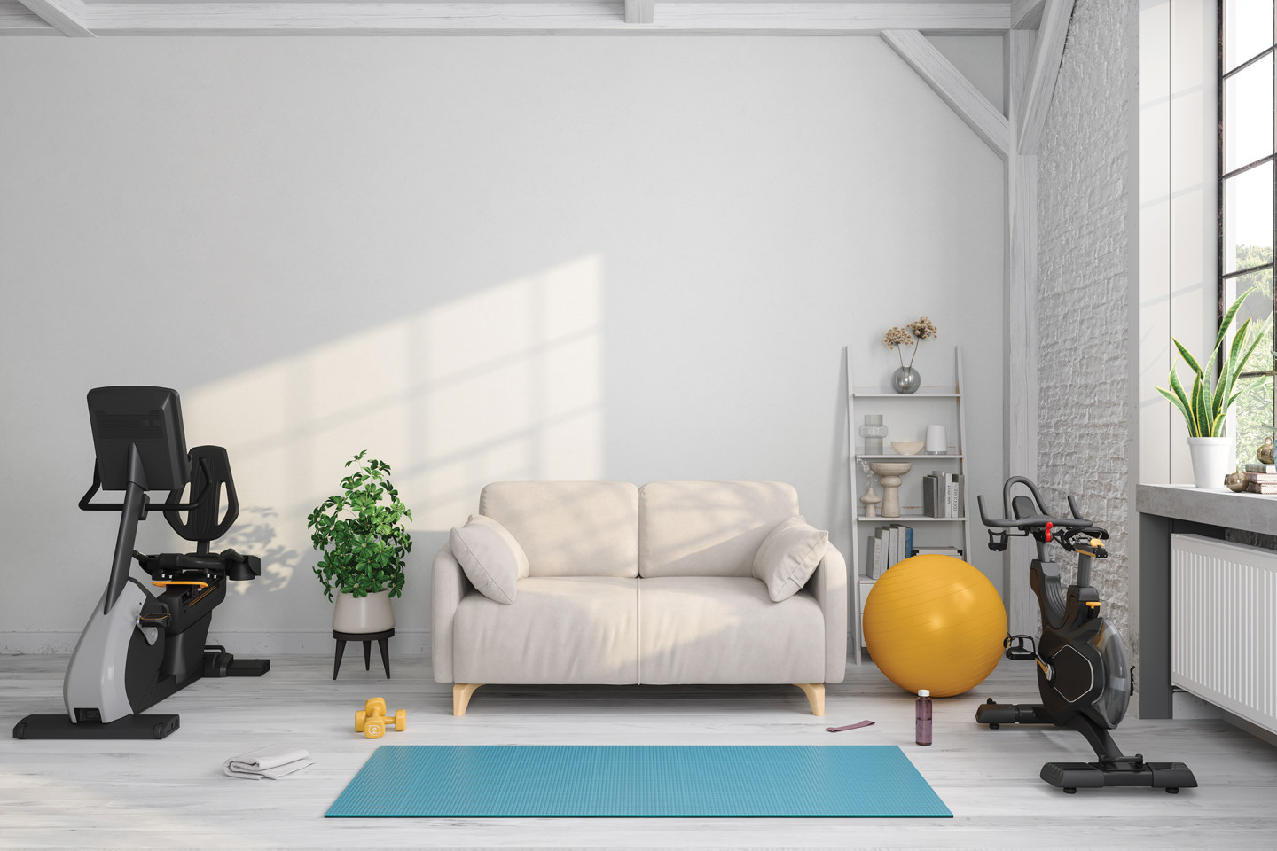 Exercise equipment in a room with livingroom furniture