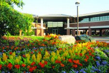 Pictured is the front of Schneider Hall, surrounded by flowers in spring