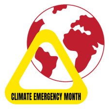 Graphic art representing a globe with continents colored in red and a large yellow triangle with "Climate Emergency Month" written at the bottom.