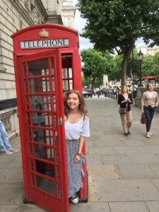 Molly Cochran in a European phone booth.