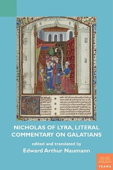 Cover image of Nicholas of Lyra, on Galatians: on a light blue background, the title in white block letters and an image from a medieval manuscript. 