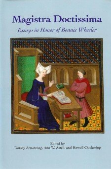 Cover of Magistra Doctissima: Essays in Honor of Bonnie Wheeler: on a light blue background, an image of Christine de Pizan in blue instructing a man in red over an open book
