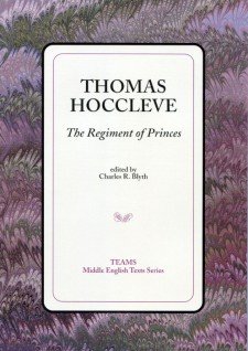 Cover image of Thomas Hoccleve: The Regiment of Princes: the title on a white square, over a purple and brown swirled background