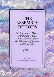 Cover image of The Assembly of Gods: the title on a purple background, over a blue, purple, and white swirled background