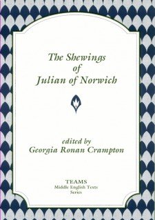 Cover image of The Shewings of Julian of Norwich: the title in grey on a white plaque, over a background of alternating grey and blue scallops